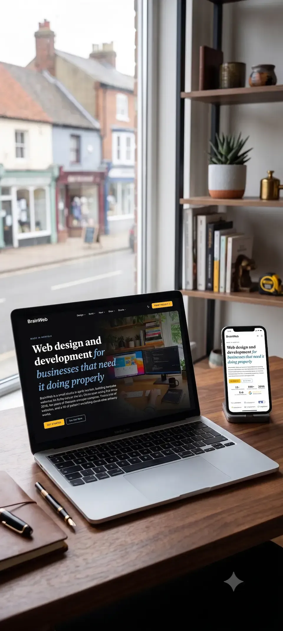A mockup of our new website, showing both light and dark theme modes. The screenshots were taken while the website was under development, and the mockup was created using Gemini. 