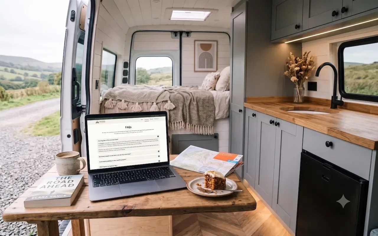 A laptop showing the Norfolk Van2Camper Conversions FAQ page: a real screenshot in a scene created with Gemini.