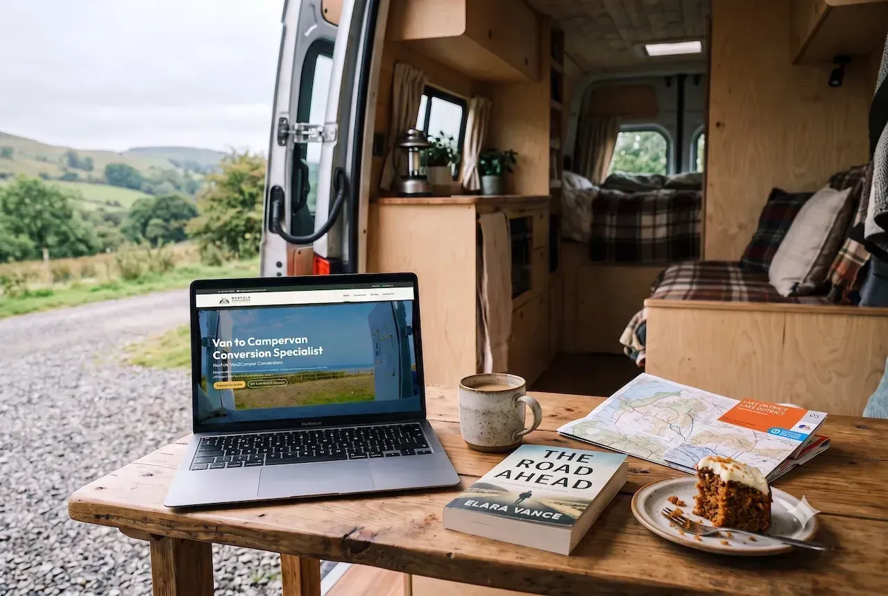 A laptop showing the Norfolk Van2Camper Conversions website: a real screenshot in a scene created with Gemini.