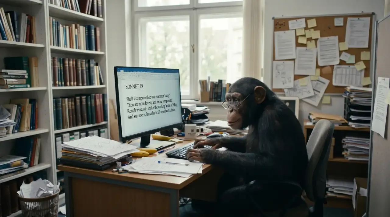 A monkey typing a Shakespeare sonnet on a computer keyboard in a cluttered office, a visual metaphor for AI content generation, created with Gemini.