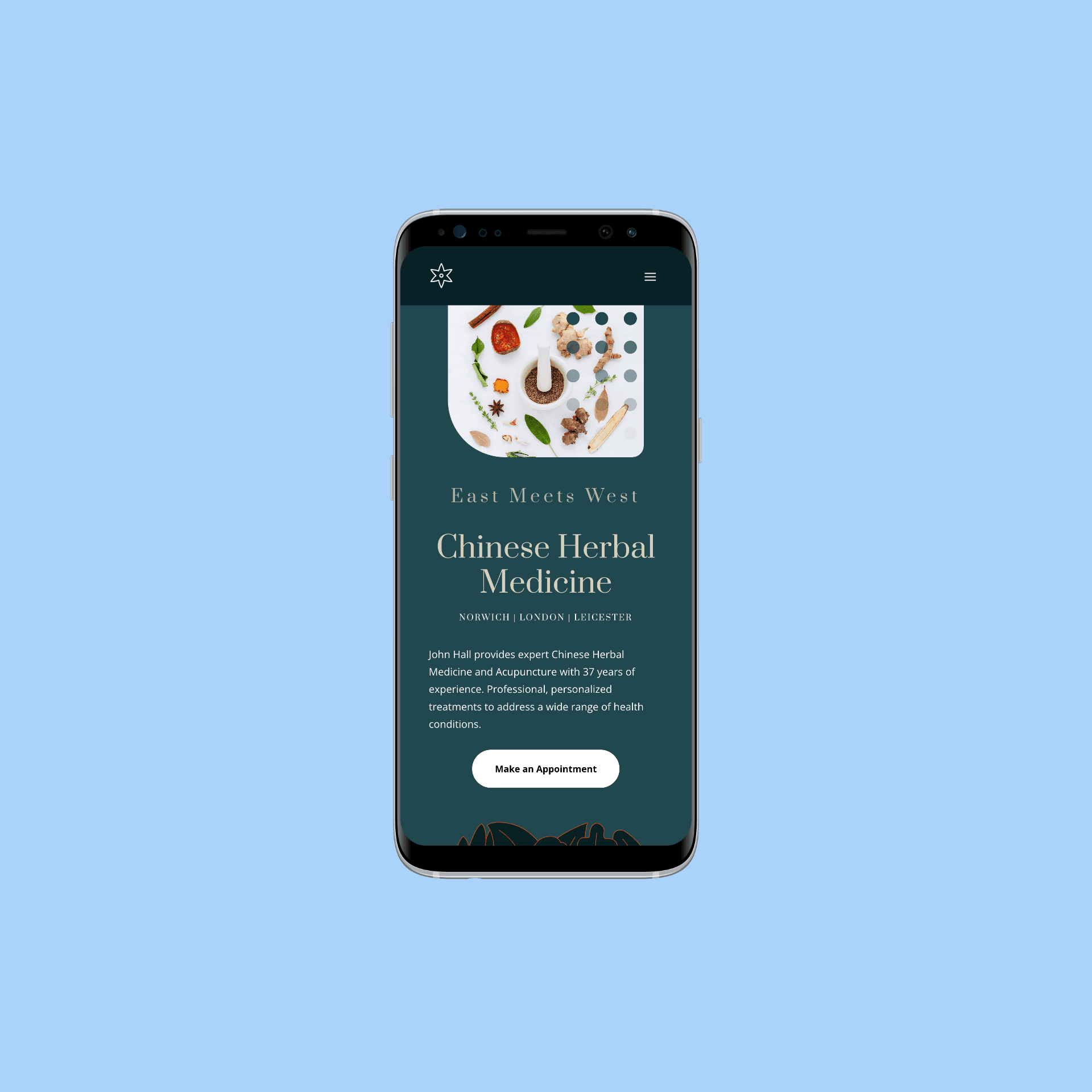 Screenshot of the East Meets West (Norwich Chinese Medicine) website (2 of 2).