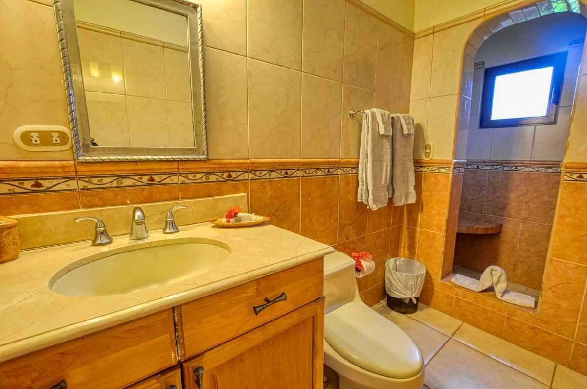A tiled bathroom with a sink vanity, mirror, toilet, hanging towels, and a shower area.