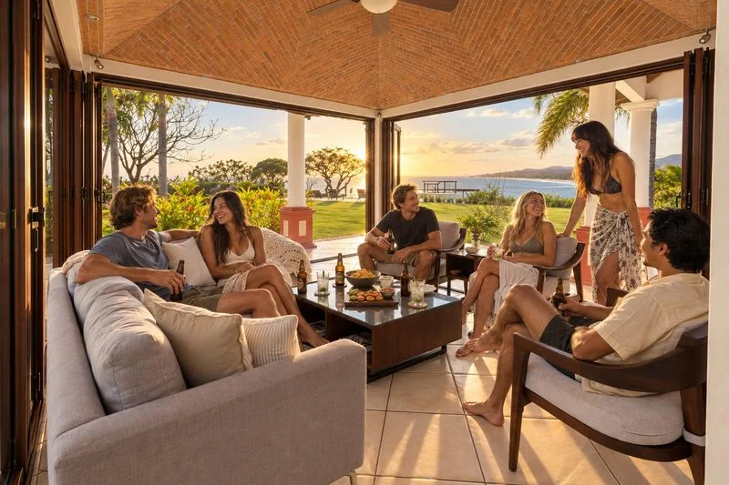 Six people are gathered in a bright glass-walled living room with seating, drinks, and a coastal landscape visible outside.