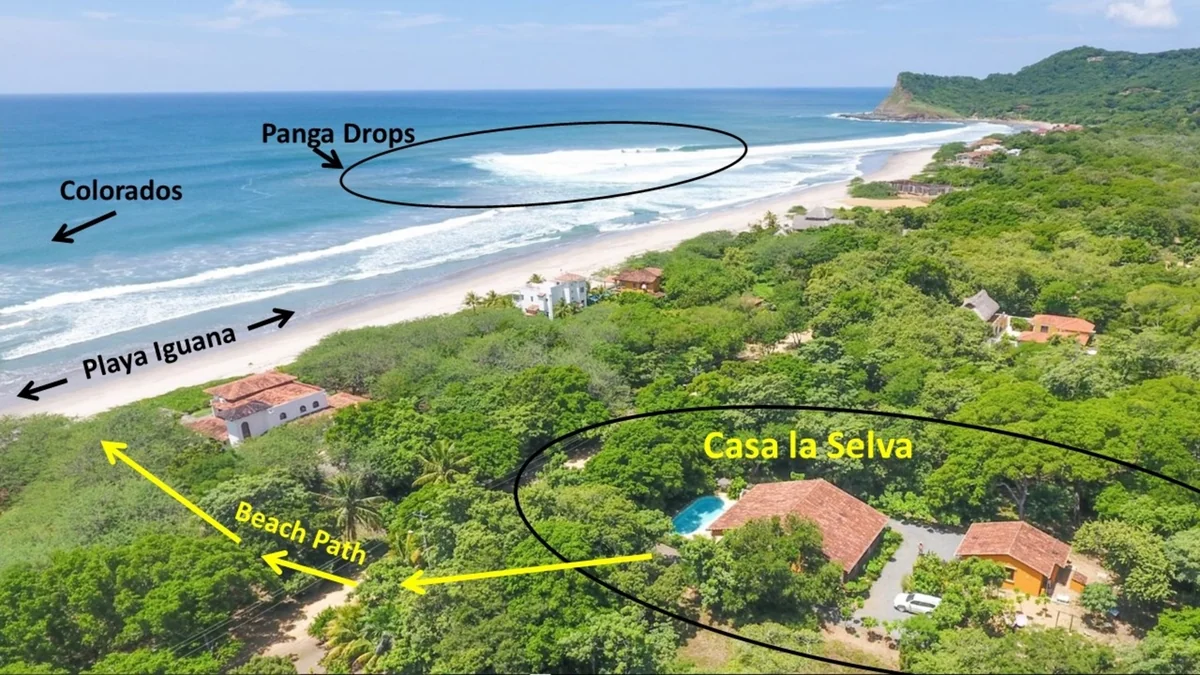 Aerial view of a tropical coastline with beaches, ocean waves, dense greenery, houses, a pool, arrows, and location labels.