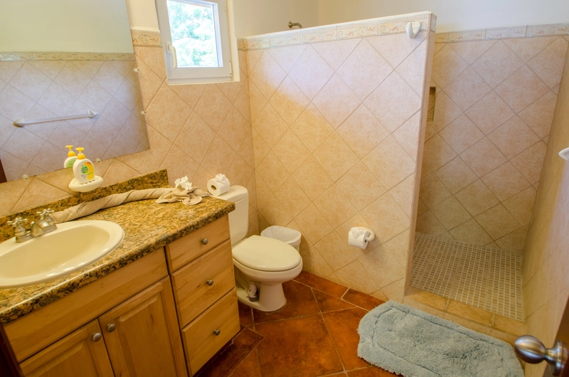 This image shows a neatly arranged bathroom. On the left side, there is a wooden vanity with a granite countertop, a white sink, and a large mirror above it. Beside the sink, there