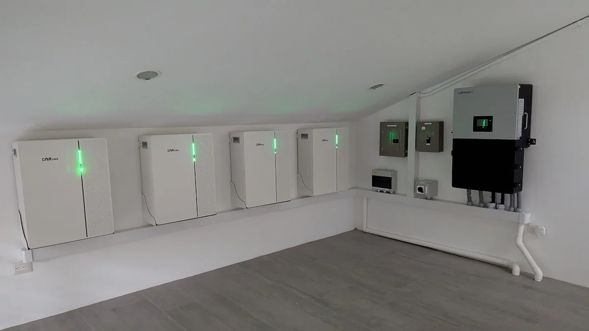 A clean utility room contains several wall-mounted electrical cabinets, control panels, visible piping, and a gray floor.