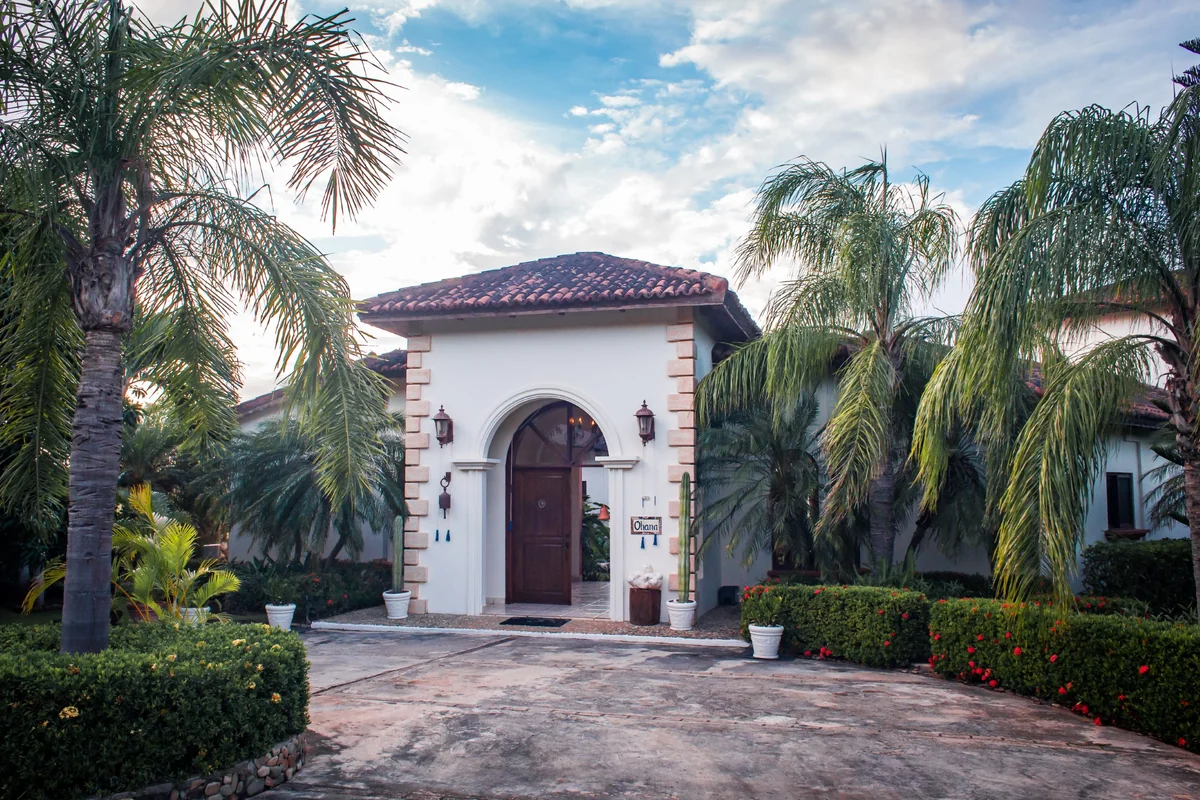 A tiled entrance path leads to an arched doorway surrounded by palm trees, hedges, and potted plants.