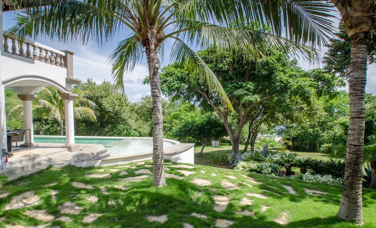 A bright tropical garden with palm trees, a pool, stone stepping paths, lush plants, and a columned terrace.