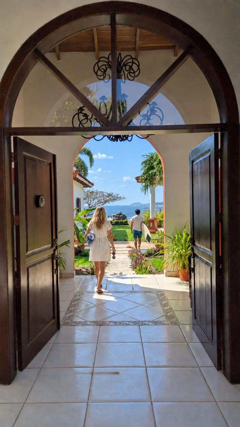 An arched tiled entrance opens onto a sunlit garden with three people, a pool, and blue ocean beyond.