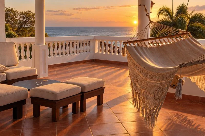 A tiled seaside terrace at sunset features cushioned seating, a hanging hammock, a white balustrade, and an ocean horizon.