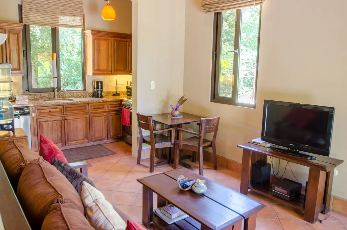 A warmly furnished open living area includes a sofa, coffee table, dining table, television, and adjacent wooden kitchen cabinets.