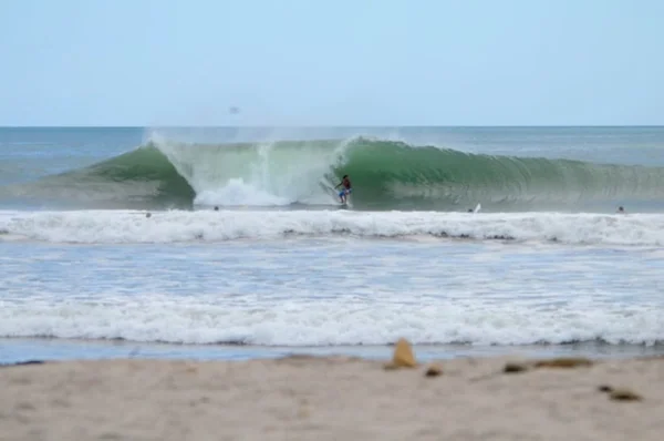 A surfer rides a breaking wave offshore beyond a sandy beach.