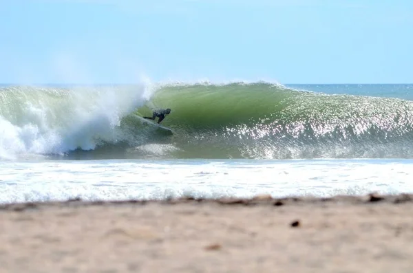 A surfer rides inside a breaking green wave near a sandy beach under a clear blue sky.