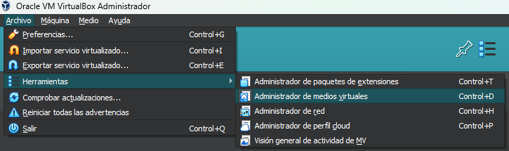 Menú administrador de red en VirtualBox