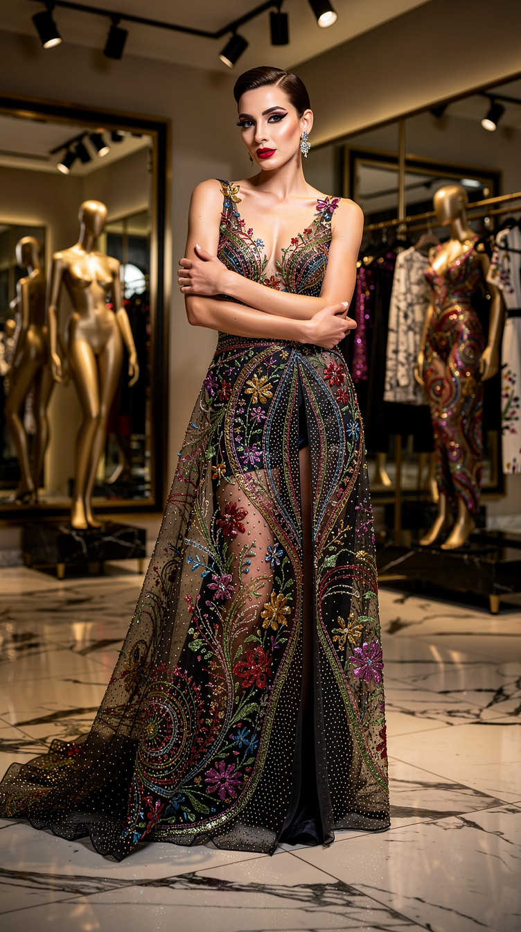Chic Designer Couture: Model Embroidery at Fashion Outlet