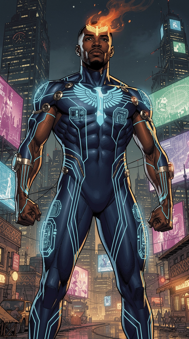 Blue Uniform Afro Futurism Superhero with Phoenix Branding