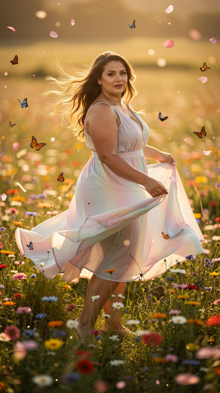 Captivating Curves: Elegant Woman Twirling in Sunlit Meadow