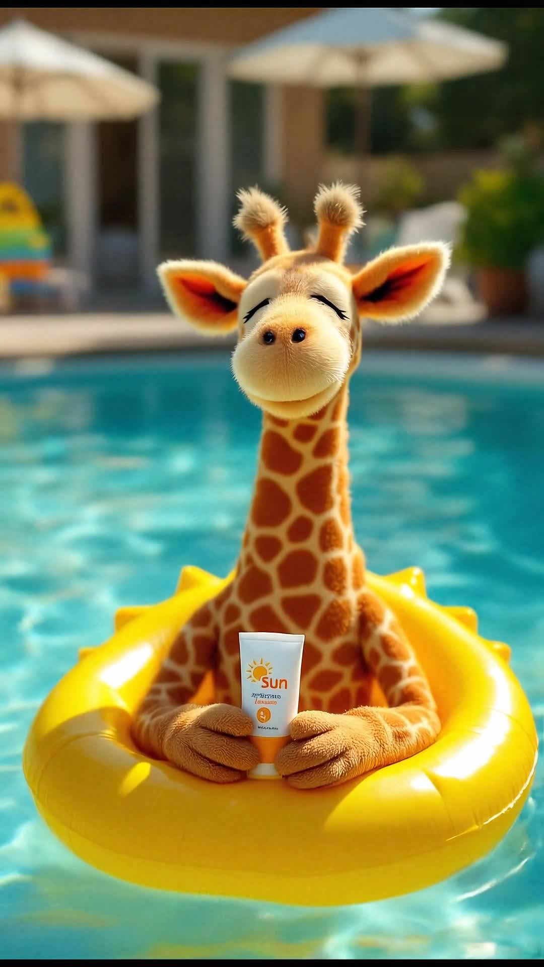 A surfer giraffe floating in a pool talks about the importance of using SUN brand sunscreen to protect from the harsh rays of summer