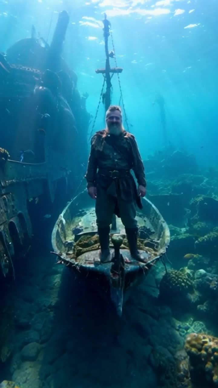 Sunken Pirate Ship: Weathered Grinning Pirate on Coral Reef