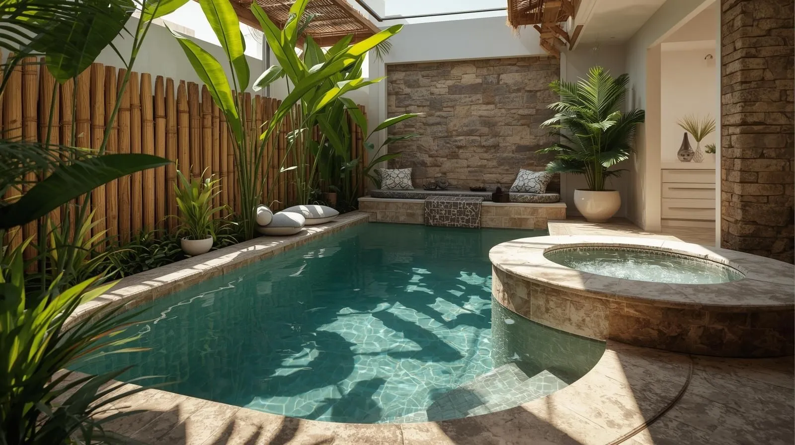 indoor Tropical plunge pool surrounded by lush greenery and bamboo fence natural stone walls built in seating area and jacuzzi jets cozy private atmosphere bright daylight ultra realistic resort style rendering.
