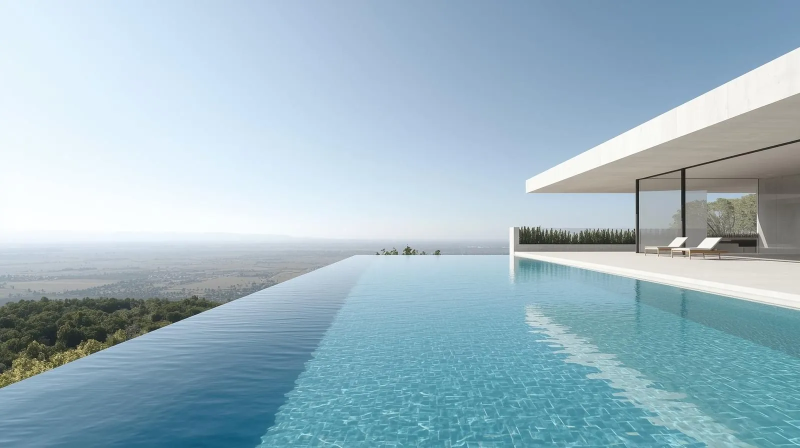 Modern minimalist infinity pool with concrete structure clear geometric lines seamless edge overlooking open landscape bright daylight ultra detailed 3D render architectural visualization.