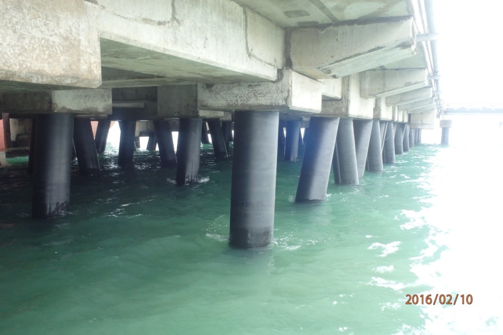Bright Spark Indonesia marine piles beneath a jetty prepared for jacketing installation.