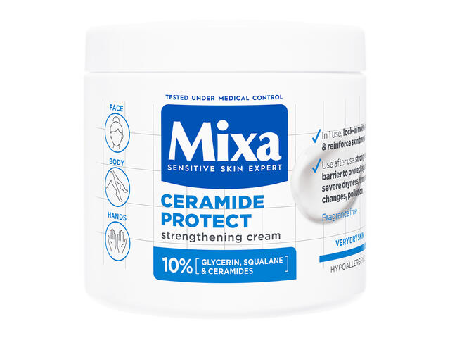 Crema cu efect fortifiant pentru fata si corp Mixa Ceramide Protect cu 10% Glicerina, Scualan si Ceramide, piele uscata spre foarte uscata, 400 ML