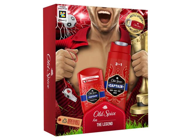 Set Cadou Old Spice Footballer: Gel de dus Captain, 250 ML + Deodorant stick Captain, 50 ML + Desfacator de sticle