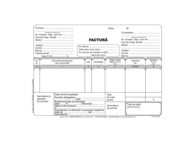 Factura fiscala A5, hartie autocopiativa, 3 exemplare, 50 seturi/carnet
