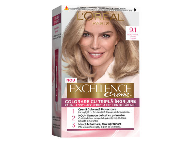 Vopsea de par permanenta L'Oreal Paris Excellence 9.1 Blond Foarte Deschis Cenusiu, 182 ML