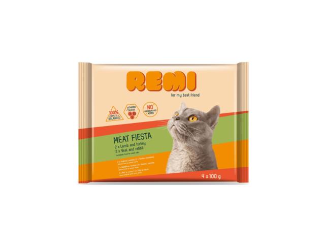 Hrana umeda pentru pisici adulte Remi Miel-Curcan si Vitel-Iepure 4x100g