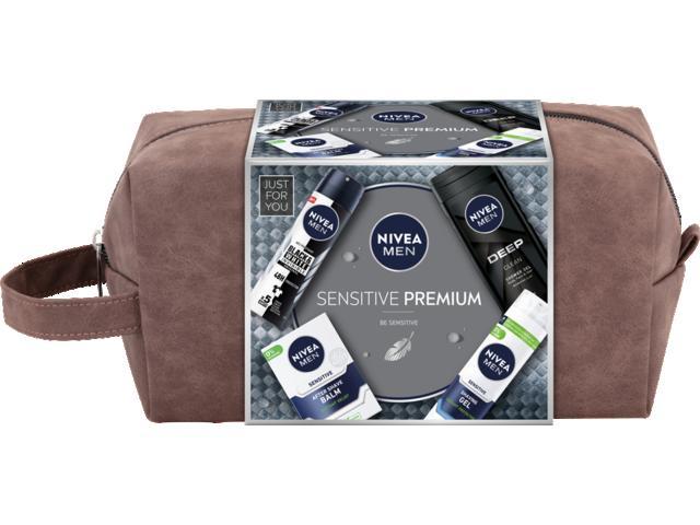 Set Cadou Nivea Men Sensitive Premium: Balsam dupa ras, 100 ML + Gel pentru ras, 200 ML + Deodorant spray, 150 ML + Gel de dus, 250 ML + Geanta Cadou