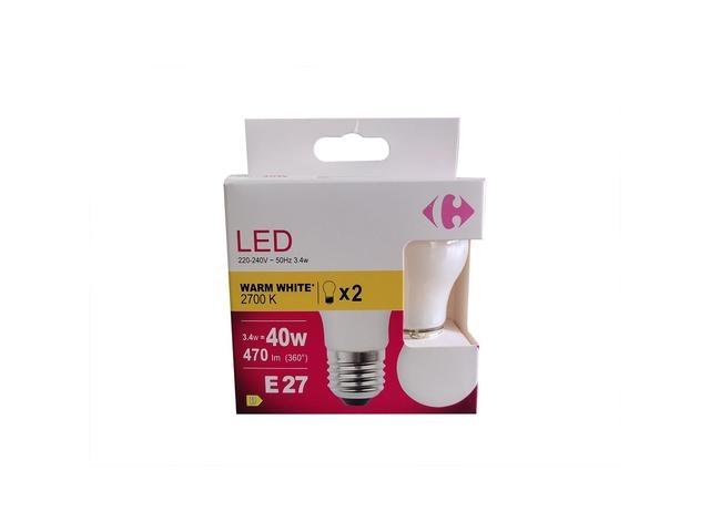 Set 2 becuri LED Carrefour, E27, 40 W, 470 lm, 2700 K, Alb cald