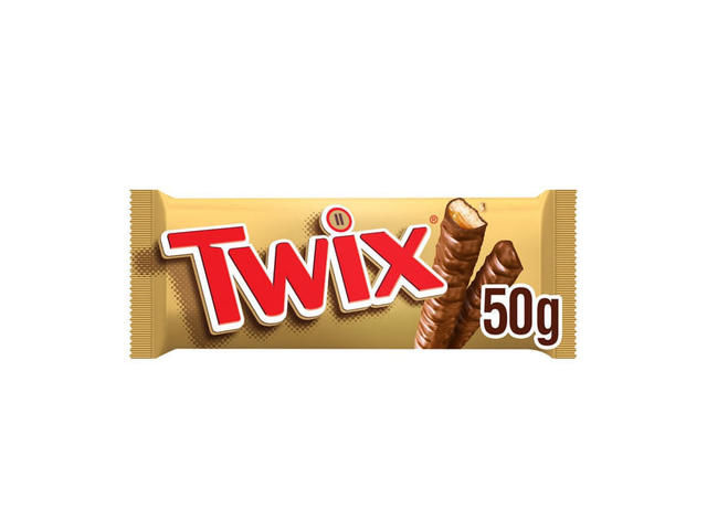 Baton cu biscuite si caramel invelit in ciocolata cu lapte Twix, 2 x 25 g