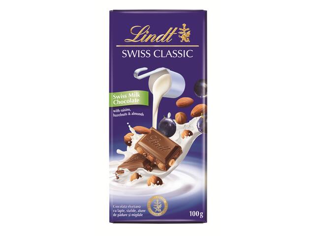 Lindt Swiss Classic tableta ciocolata cu lapte, stafide si alune de padure 100g