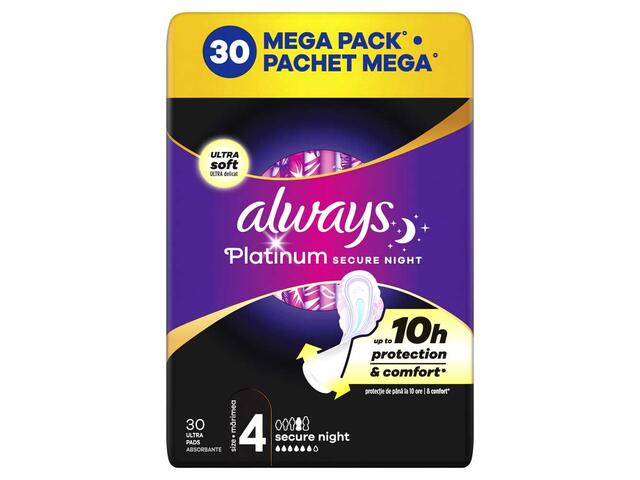 Absorbante Always Platinum Secure Night Quatro Pack, 30 Buc