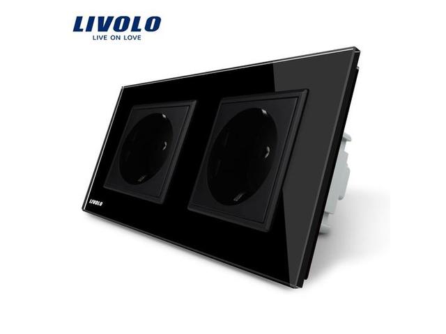 Priza dubla Livolo cu rama din sticla, 16 A (Negru)
