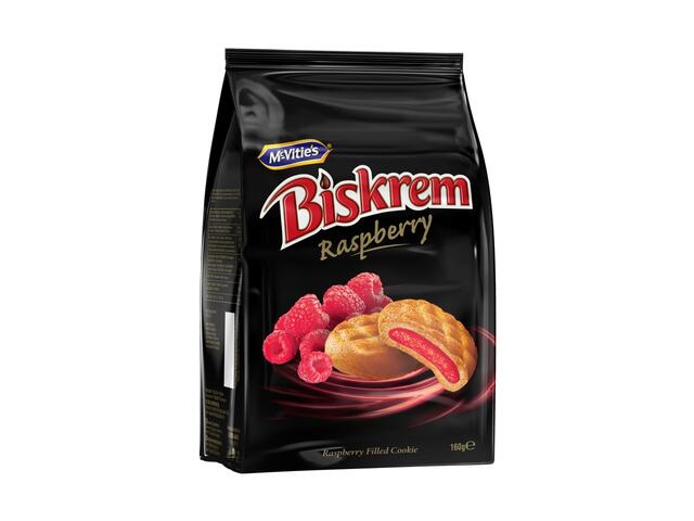 Biskrem biscuiti cu 30% umplutura de zmeura 160 g.