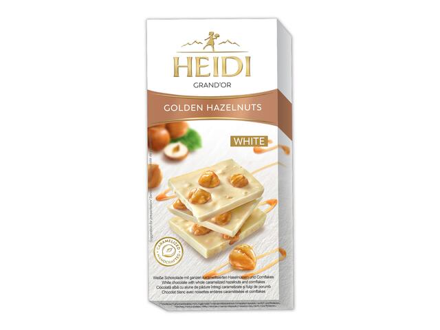 Ciocolata alba cu alune de padure intregi caramelizate si fulgi de porumb 100 g Heidi