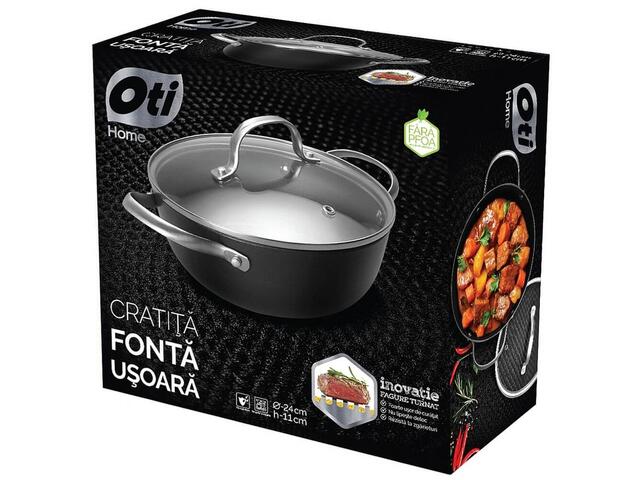 Cratita cu capac Oti, fonta fagure/sticla, inductie, 24x11 cm, Negru