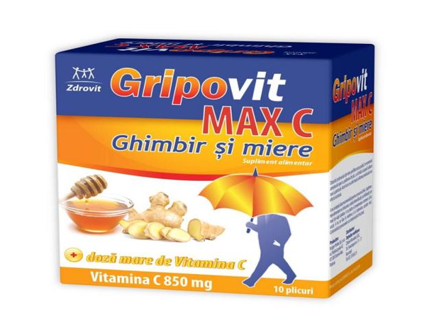 Gripovit Max C ghimbir și miere, 10 plicuri, Zdrovit