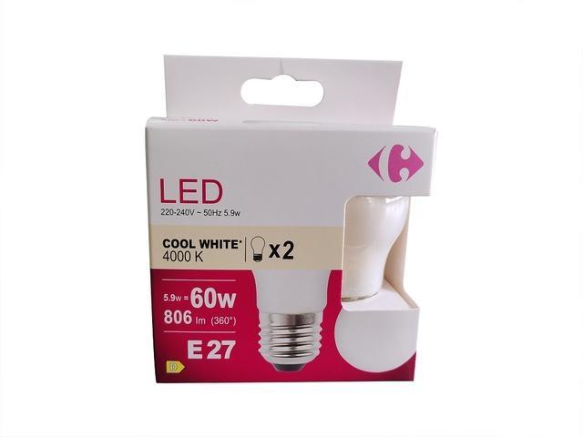 Set 2 becuri LED Carrefour, E27, 60 W, 806 lm, 4000 K, Alb rece