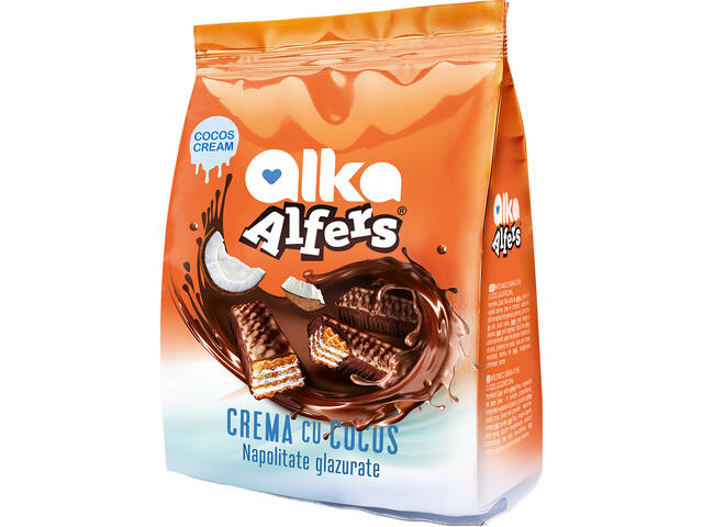 Napolitane Alka Alfers cu crema (47,5%) cocos, glazurate (36%) 180g