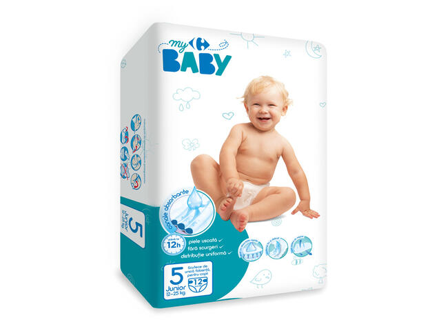 Scutece junior nr. 5, Carrefour Baby 11-25 kg, 12 bucati