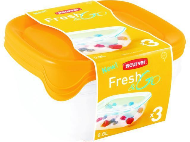 Set 3 cutii alimente, CURVER, Fresh&Go, plastic transparent, 3 x 0.80L, 15.5 x 15.5 x 11 cm, patrat, capac galben