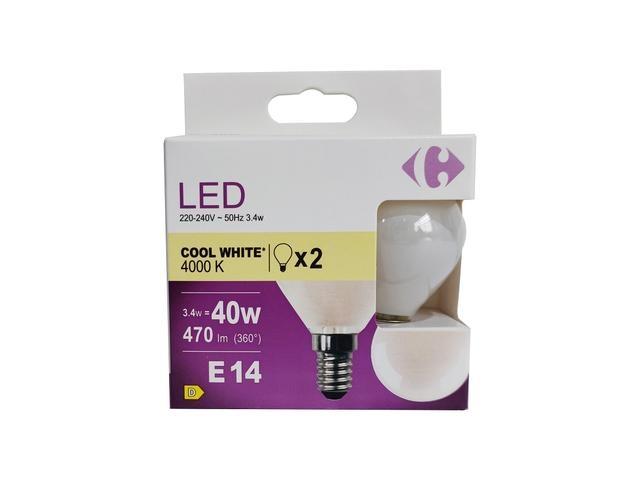 Set 2 becuri LED Carrefour, E14, 40 W, 470 lm, 4000 K, Alb rece