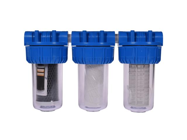 Filtru triplex de apa, carbune + polipropilena + sita, 7" cu 3/4" in linie