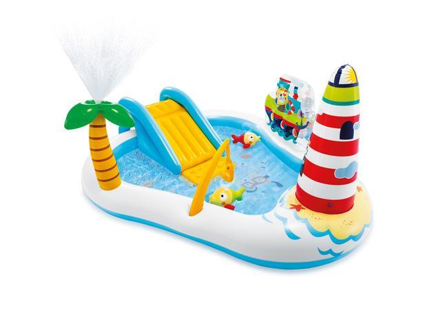 Loc de joaca Intex, piscina gonflabila pentru copii, cu tobogan, bile, undita si pesti, 218x188x99cm, vinil, Multicolor