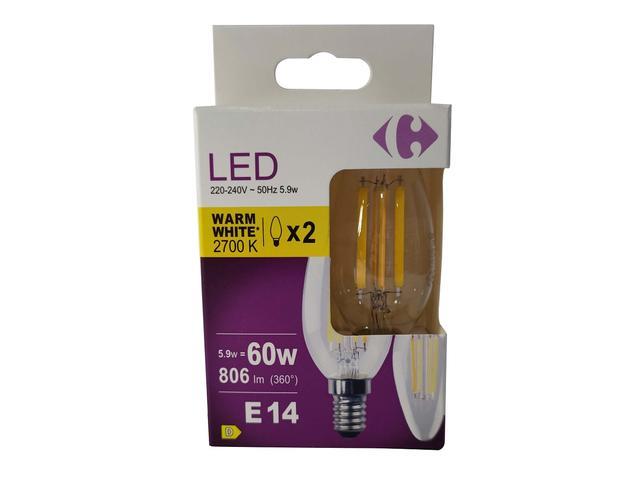 Set 2 becuri LED lumanare Carrefour, E14, 806 lm, 2700 K, 5.9 W (60 W)