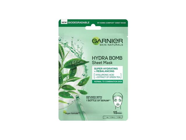 Garnier Skin Naturals Masca Servetel Hydra Bomb cu ceai verde pentru reimprospatare, 28 g